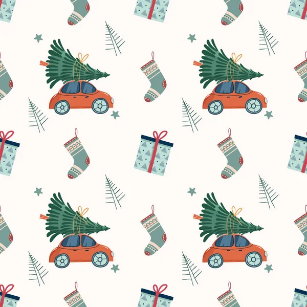 Neujahr Und Weihnachten Nahtloses Muster Mit Rotem Retro Auto Mit — Stockvektor
