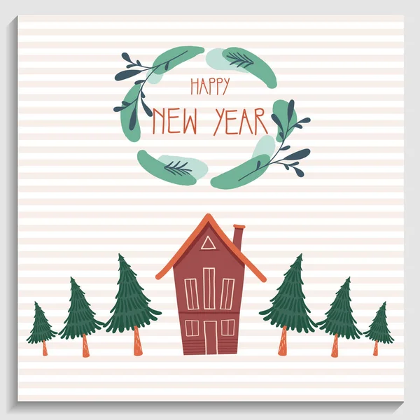 Tarjeta de felicitación de Año Nuevo, invitación. Corona de Navidad con texto feliz Año Nuevo y casa roja con árboles de Navidad — Vector de stock