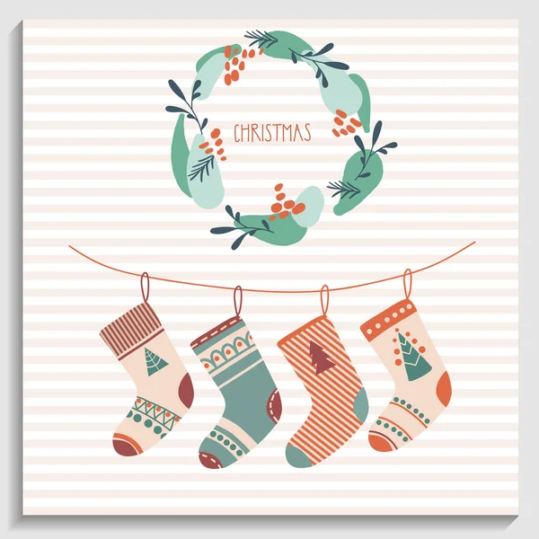 Yeni yıl kartı, davetiye. Noel çelengi ve Noel çorapları çizgili arka planda.
