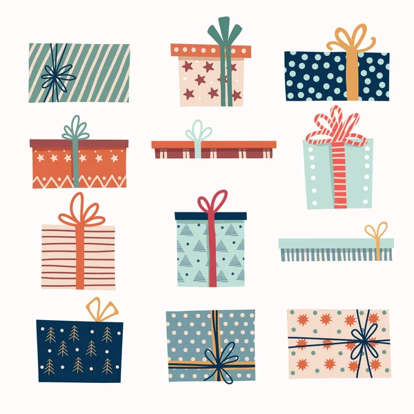 Verschiedene bunte Weihnachts- und Neujahrsgeschenke und Geschenke. Sammlung von Geschenkboxen — Stockvektor