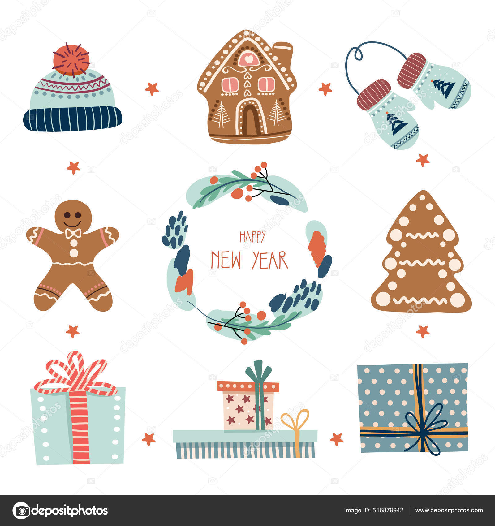圣诞和新年元素。姜饼饼干、礼物、花环、帽子、手套、图标、标识、印刷品、图标、卡片、徽章、邀请函的矢量图解图库矢量图©Tetianaa 516879942