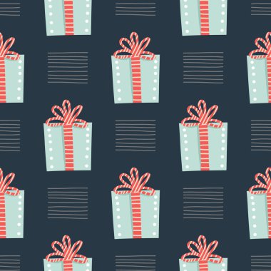 Noel, yeni yıl şablonu. Kusursuz desenli, elle çizilmiş bir Noel ya da karanlık bir arka planda doğum günü hediyesi kutuları. Kumaş, tekstil, poster, kart, baskı, davetiye, ambalaj