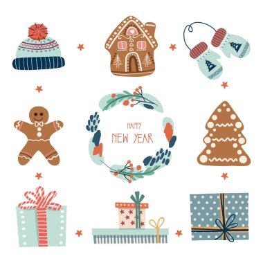 Noel ve Yeni Yıl unsurları. Zencefilli kurabiye, hediyeler, çelenk, şapka, eldivenler, ikon, logo, baskı, ikon, kart, amblem, davetiye