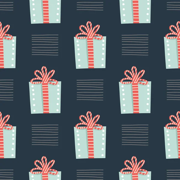 Jul, nyårsmönster. Sömlös mönster med handritade jul eller födelsedagspresenter lådor på en mörk bakgrund. Textur för tyg, textil, affisch, kort, tryck, inbjudan, omslag — Stock vektor