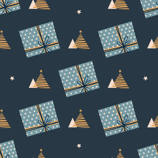 Noël, Nouvel An. Modèle sans couture avec des cadeaux de Noël et Nouvel An dessinés à la main et un arbre de Noël. Texture pour tissu, textile, affiche, carte, impression, invitation, emballage — Image vectorielle