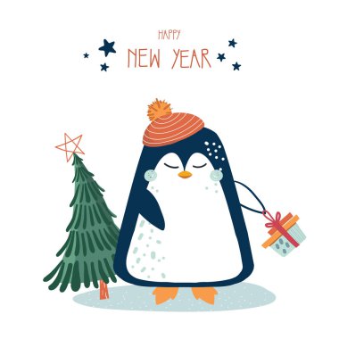 Noel kartı, davetiye. Kırmızı şapkalı şirin penguen hediye kutusu tutuyor. Mutlu yıllar mesajı at. Vektör düz çizgi film tarzı. Noel sevimli hayvanı