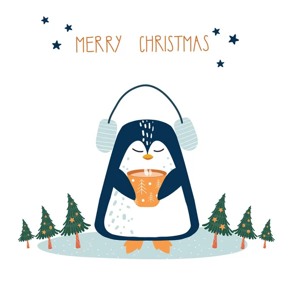 Tarjeta de felicitación, invitación. Lindo pingüino con auriculares y una taza de bebida caliente. Texto Feliz Navidad. Vector plano estilo de dibujos animados. Navidad lindo animal — Vector de stock