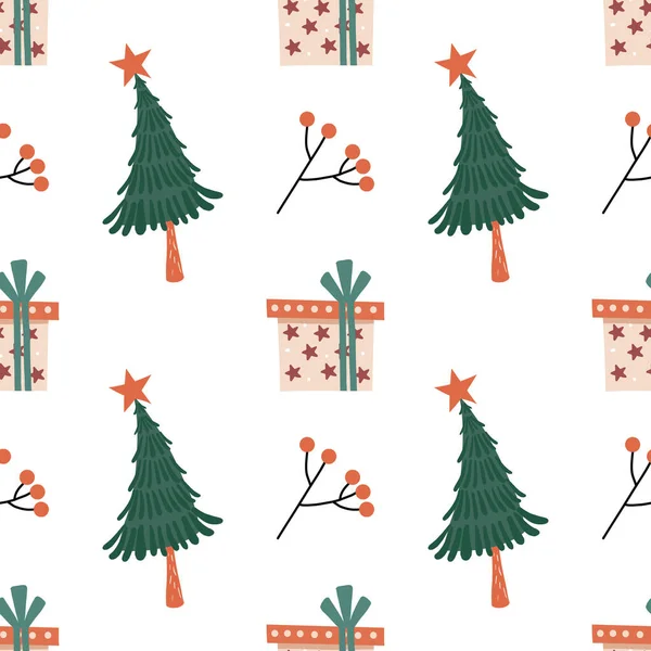 Weihnachten und Neujahr. Handgezeichnete nahtlose Wiederholung einfachen flachen Musters mit Weihnachtsbaum mit Stern und Geschenkbox. Textur für Stoff, Textil, Poster, Karte, Druck, Einladung, Verpackung — Stockvektor