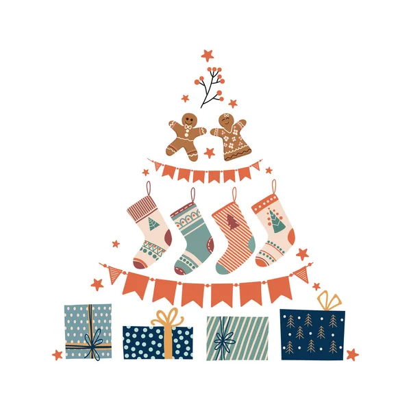 Noel ve Yeni Yıl kartı tasarımı. Hediye kutuları, zencefilli kurabiye adam, çam ağacı şeklinde çoraplar. Noel kartı, davetiye. Beyaz arka planda Noel ağacı ya da çam ağacı