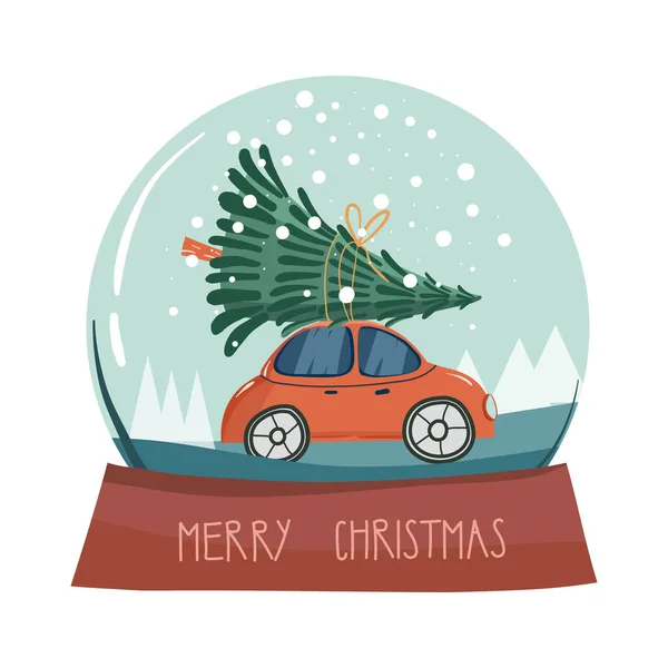 Weihnachten Schneekugel mit rotem Auto und Tanne unter dem Schnee drinnen. Handgeschriebener Text Marry Christmas. Neujahrsgeschenk. Frohe Weihnachten. — Stockvektor