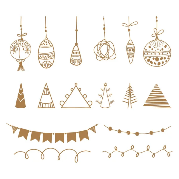 Navidad y Año Nuevo elementos dibujados a mano. Ilustración de decoraciones de árboles de Navidad, árboles de Navidad estilizados, guirnaldas y bombillas — Vector de stock