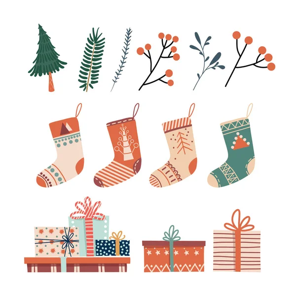 Navidad y Año Nuevo elementos dibujados a mano. Ilustración de árbol de Navidad, elementos florales, calcetines de Navidad, caja regalo y regalo — Vector de stock