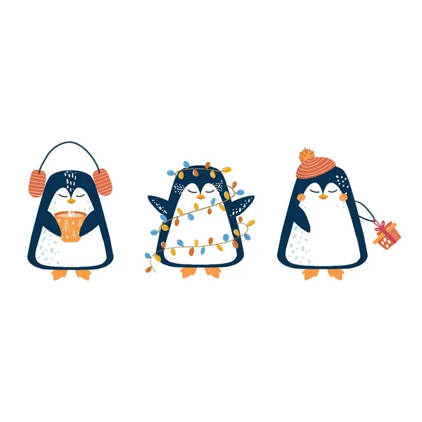 Saludo Navidad Año Nuevo Invitación Lindos Pingüinos Con Auriculares Bombillas — Vector de stock
