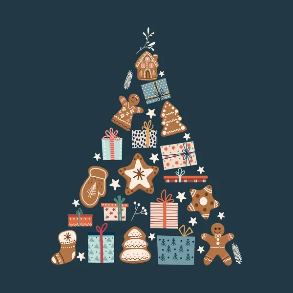 Noel kartı, davetiye. Hediye kutuları ve zencefilli kurabiyeler çam ağacı şeklinde. Noel ve Yeni Yıl kartı tasarımı. Koyu arkaplanda Noel ağacı ya da çam ağacı