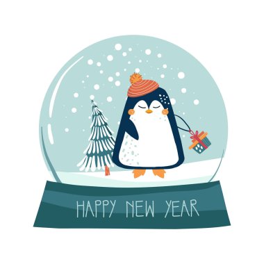 Noel süsü. İçinde penguen ve Noel ağacı olan Kristal kar küresinin vektör çizimi ve Mutlu Yıllar mesajı.