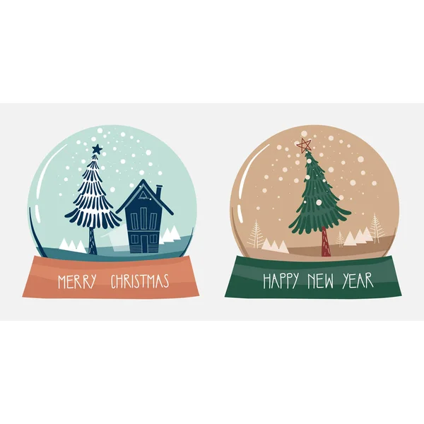 Noel ağacı, ev ve köknar ağacı olan kristal kar küresi seti ve Mutlu Yıllar, Mutlu Noeller. El yazısıyla yazılmış bir metin. Yeni yıl hediyesi. Xmas dekorasyonu.