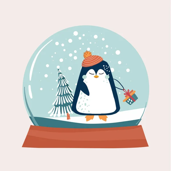 Decoración de Navidad. Ilustración vectorial de bola de nieve de cristal con pingüino y árbol de Navidad en el interior — Vector de stock