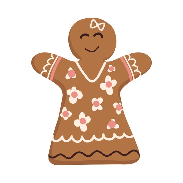 Menina de pão de gengibre de férias. Ano Novo e decoração de Natal. Desenhos animados em estilo plano. Feriado biscoitos de gengibre — Vetor de Stock