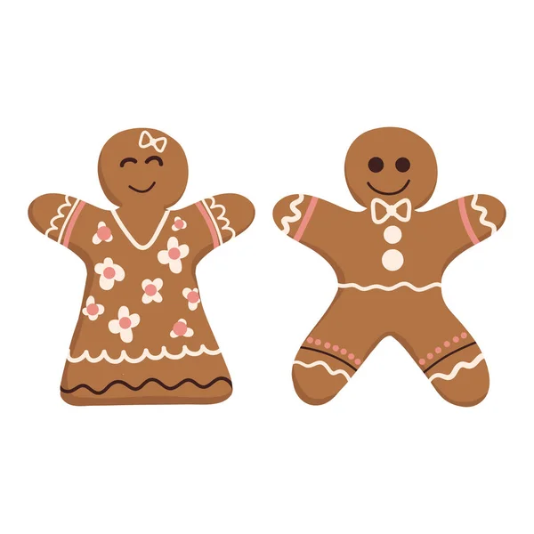 Holiday gingerbread boy and girl. New year and Christmas decoration. Cartoon flat style. Holiday gingerbread cookies — Stock Vector