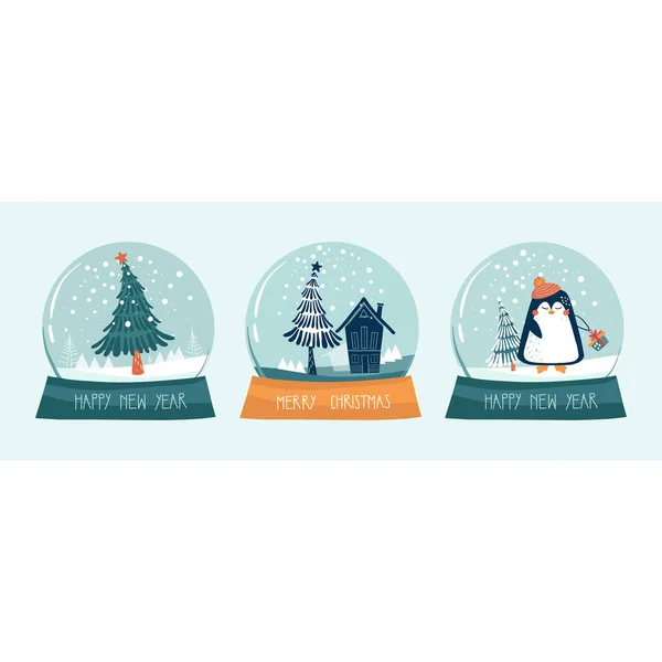 Ilustración vectorial de bola de nieve de cristal con pingüino y árbol de Navidad dentro y texto Feliz Año Nuevo, Feliz Navidad. Regalos de Navidad — Vector de stock