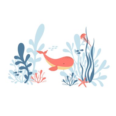 Elle çizilmiş pembe balina, denizanası, denizyıldızı, beyaz arka planda deniz yosunu tasviri. Deniz hayatı. Çocuk dekorasyonu, poster, kumaş, baskı, tekstil, ambalaj.