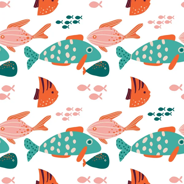 Vecteur enfantin répétant sans couture motif plat simple avec des poissons dessinés à la main sur fond sombre — Image vectorielle