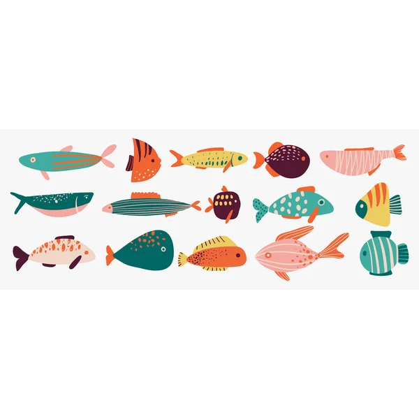 Collection of vector hand drawn fishes in flat style. Fishes body vector icons big set. - Stok Vektor