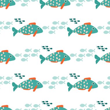 Elle çizilmiş yeşil balıklarla kusursuz, çocuksu, tekrarlayan desen. Kumaş, duvar kağıdı, tekstil ve giysi için çocukça bir doku. Deniz. Okyanus. Balık deseni. Akvaryum