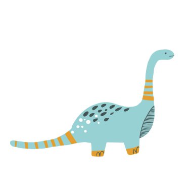Vektör el sevimli bir dinozor çizdi. Renkli Dino simgesi, afiş, logo, baskı, kart, hediye, kumaş, ağ, etiket, reklam, kart, kumaş. Çocukça çizimler. Çizgi film.