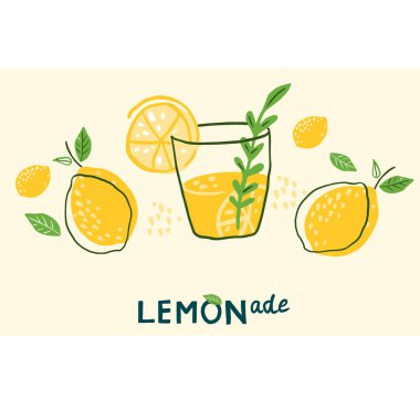 El yapımı bir bardak limonata ve taze limon. Limonata gönder. Limonatalı poster. Simge, logo, baskı, kart, amblem, pankart, etiket. Taze içecek..