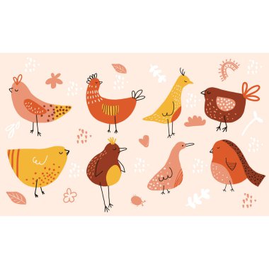 Vektör el çizilmiş kuş koleksiyonu. Çizgi film seti. Paket için renkli kuş, ambalaj kağıdı, simge, bayrak, logo, baskı, kart, hediye, kumaş, web, etiket, reklam, kart, kumaş.