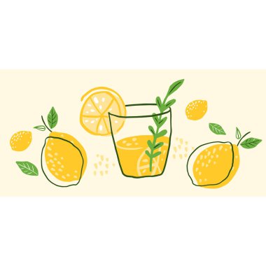 Hand drawn glass of lemonade and fresh lemon. Poster with lemonade. Illustration for icon, logo, print, card, emblem, banner, label. Fresh drink.