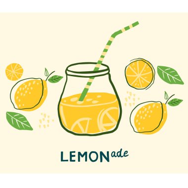 Elle çizilmiş limonata kavanozu. Limonata gönder. Limonatalı poster. Simge, logo, baskı, kart, amblem, etiket. Taze içecek..