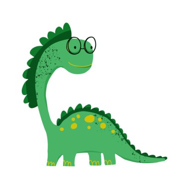 Vektör eli gözlüklü sevimli bir dinozor çizmiş. Simge, pankart, logo, baskı, kart, hediye, kumaş, ağ, etiket, reklam, kart, kumaş için yeşil dino. Çocukça çizimler. Çizgi film.