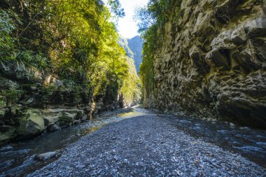 Güneşli bir gün, sütyen düz de La Reunion Adası'nda sırasında bir kanyon hiking