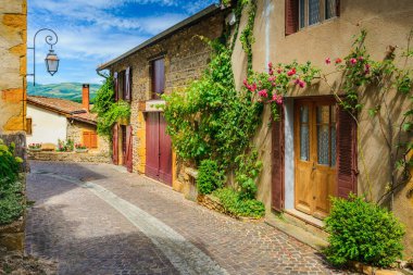 Ortaçağ köyü Ternand 'ın caddesinde güneşli bir günde