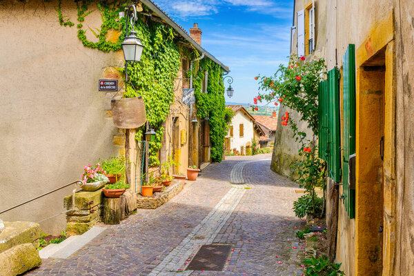 In the street of the medieval village Ternand in France during a sunny day