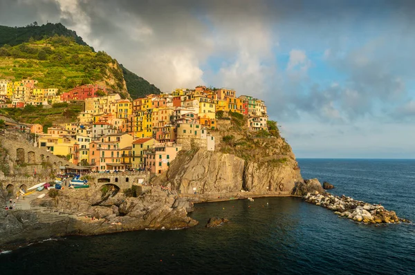 View Manarola Cinque Terre Spezia Italy Sunrise Cliff Sea Sky — Stock Photo, Image