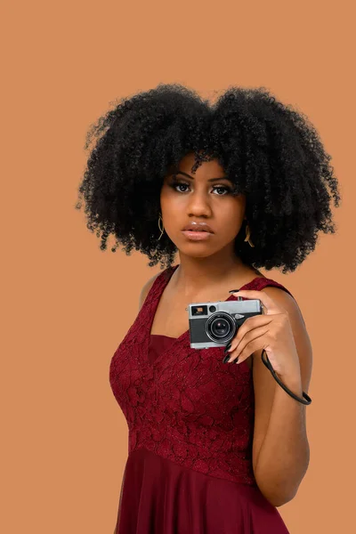 Portrait Beautiful Black Girl Afro Hairstyle Wearing Red Dress Holding — Fotografia de Stock