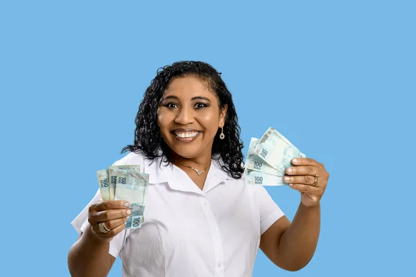 Porträt Einer Frau Die Brasilianische 100 Reais Banknoten Händen Hält — Stockfoto