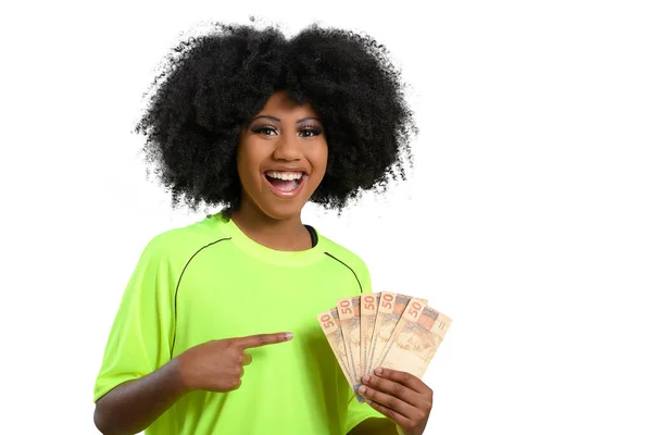Frau Mit Geld Junge Lächelnde Frau Mit Brasilianischem Geld — Stockfoto