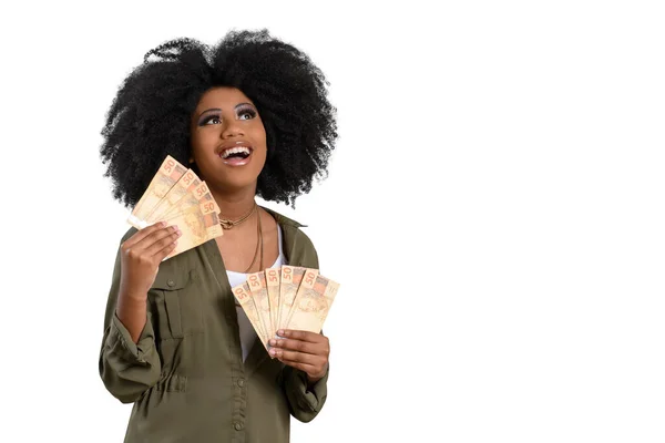 Mulher Segurando Dinheiro Jovem Sorrindo Mulher Segurando Dinheiro Brasileiro — Fotografia de Stock