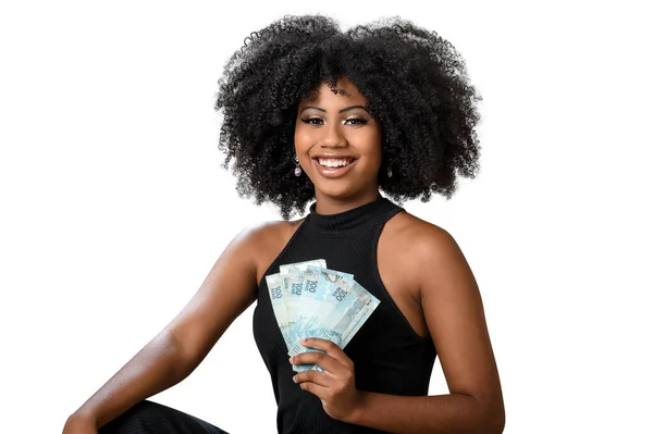 Женщина Деньгами Молодая Улыбающаяся Женщина Бразильскими Деньгами — стоковое фото