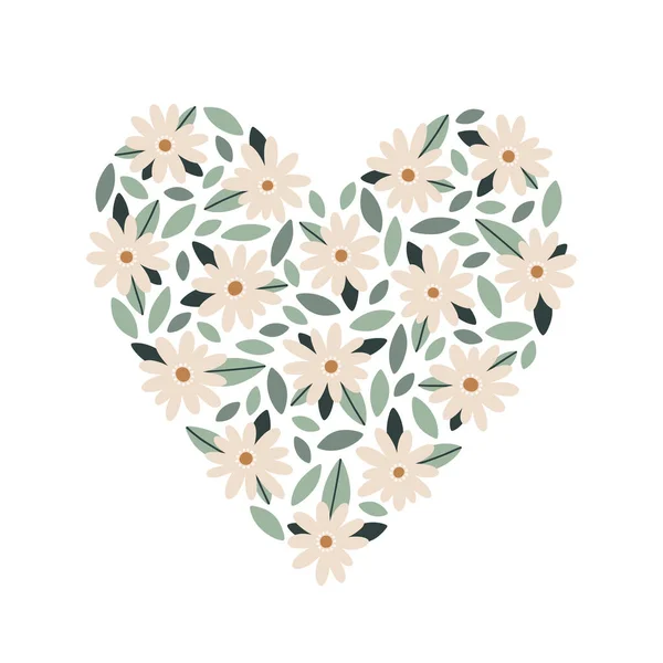 Ręcznie Rysowane Kwiatowe Serce Odizolowane Biało Botaniczny Symbol Romantyczny Walentynki — Wektor stockowy