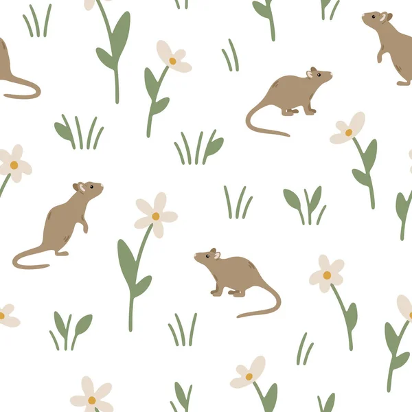 Seamless Pattern Charming Mice Flowers Hand Drawn Childish Background Forest — Vetor de Stock