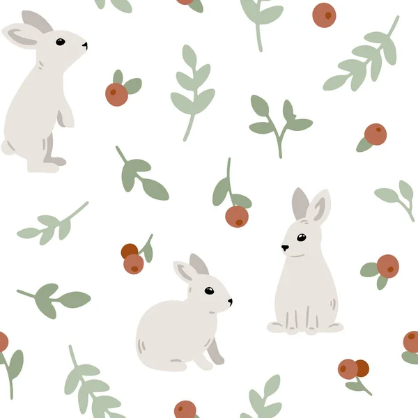 Seamless Pattern Cute Baby Rabbits Cranberries Hand Drawn Childish Background — Stock Vector