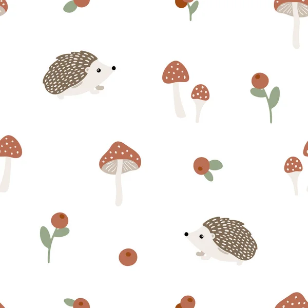 Vector Seamless Pattern Charming Hedgehogs Berries Mushrooms Hand Drawn Childish — Stock Vector