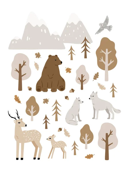 Cartaz Desenhado Mão Com Animais Floresta Urso Veado Lobo Ilustração —  Vetores de Stock