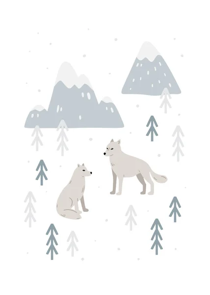 Hand Drawn Card Wolves Woods Cute Childish Illustration Forest Animals — Image vectorielle