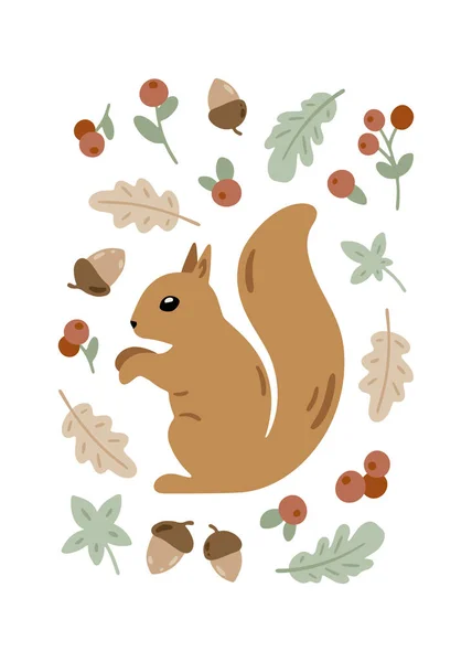 Cartão Com Plantas Esquilo Floresta Ilustração Infantil Bonito Com Animais — Vetor de Stock